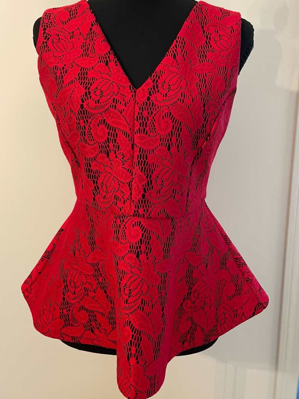 Vibrant Peplum Red Floral Lace Girly Top by 7th Ave Designs Zipper Back 2010 XS